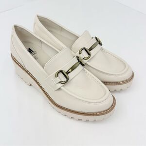 Steve Madden ALIX Cream Faux Leather Wedge Loafers with Burnished Gold Horsebit